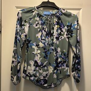 Floral Tie-Neck Long-Sleeve Blouse - Green